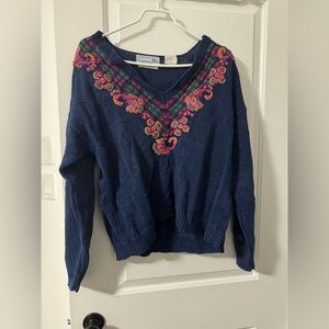 Northern isles hand embroidered Navy V-Neck Sweater with Floral Embroidery